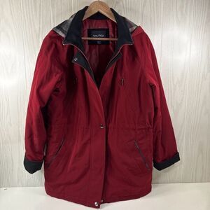 Nautica Women’s Hooded Jacket M Red Casual Full Zip Pockets Winter Rain Coat